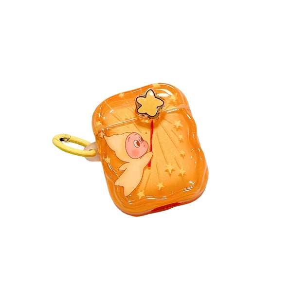 AirPods ケース 半透明オレンジ 星モチーフ キャラクター 回転スター付き