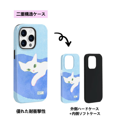 可愛い白猫モチーフアート感デザイン二重構造フィルム加工スマホケース