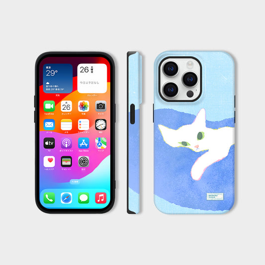 可愛い白猫モチーフアート感デザイン二重構造フィルム加工スマホケース