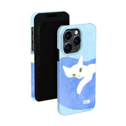可愛い白猫モチーフアート感デザイン二重構造フィルム加工スマホケース