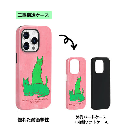 グリーン猫モチーフアート感あふれる二重構造フィルム加工スマホケース