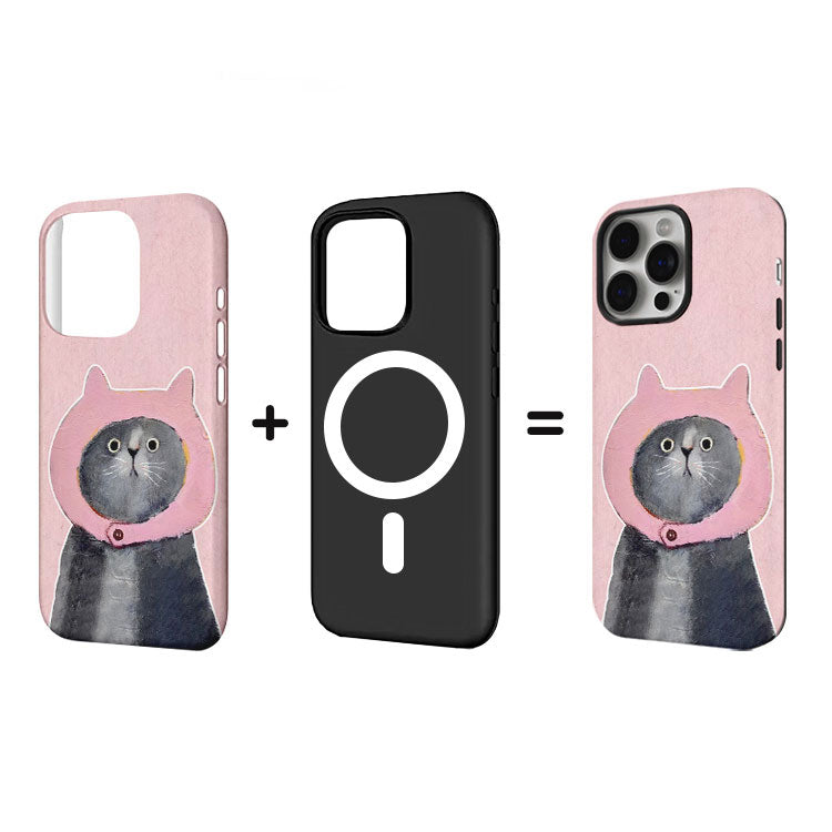 スイートで可愛いピンクフード猫柄二重構造マグネット式スマホケース