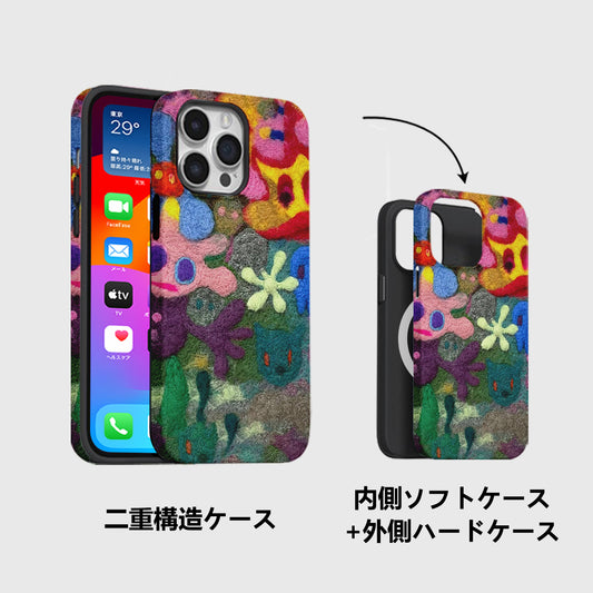 ファー調抽象柄二重構造フィルム加工マグネット式スマホケース(シリコン+PC)