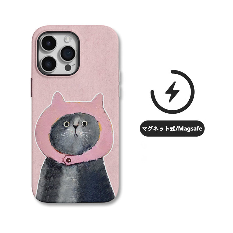 スイートで可愛いピンクフード猫柄二重構造マグネット式スマホケース