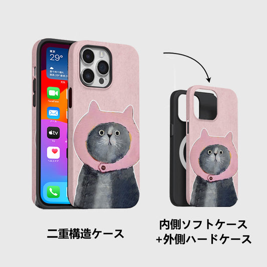 スイートで可愛いピンクフード猫柄二重構造マグネット式スマホケース