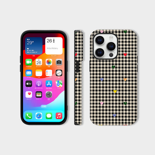 レトロ風チェックハート柄シンプル二重構造スマホケース