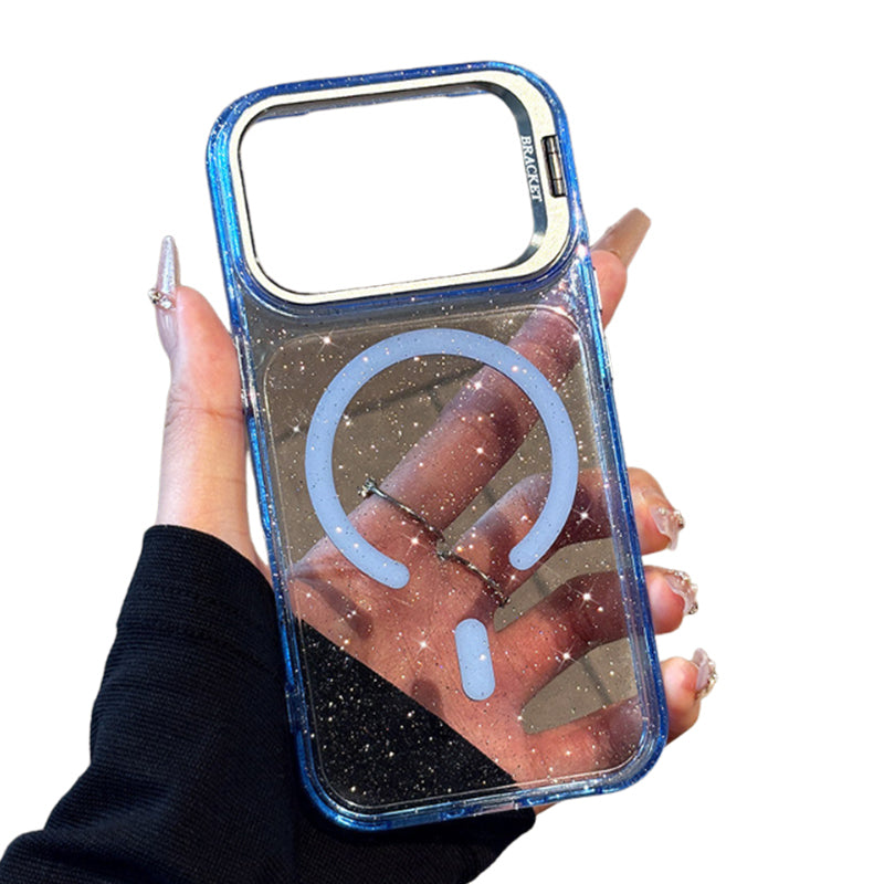 スカイブルーのグリッター メタルスタンド iPhoneケース