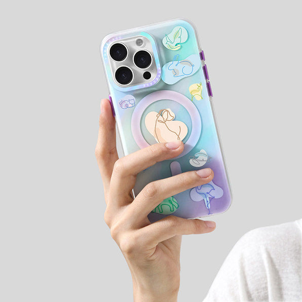 Gradient Color Line Art Animal Motif MagSafe-Compatible Matte Finish Phone Case