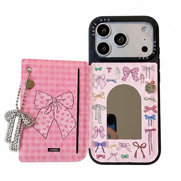 iPhone 17/16/15/14 Case, Notebook Type, Ribbon, Pink, with Mirror, Girly, Cute