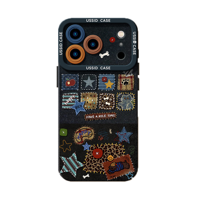 ブラックレオパード デニムワッペン iPhoneケース 白背景商品画像