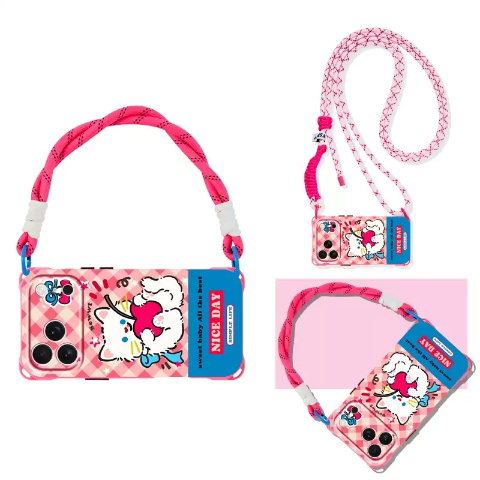 iPhone 17/16/15/14 Case Cat Strap Shoulder Crossbody Pink Gingham