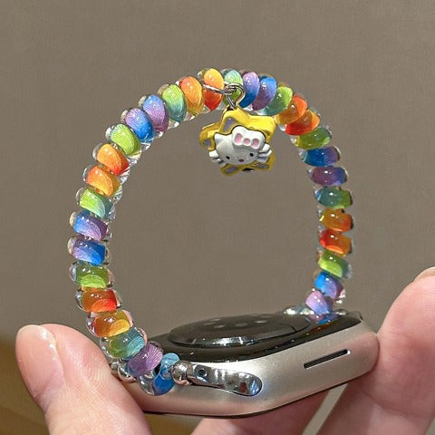 Colorful Spiral Hair Tie Style Stretchable Apple Watch Band + Cat Character Charm, 2 Colors Available