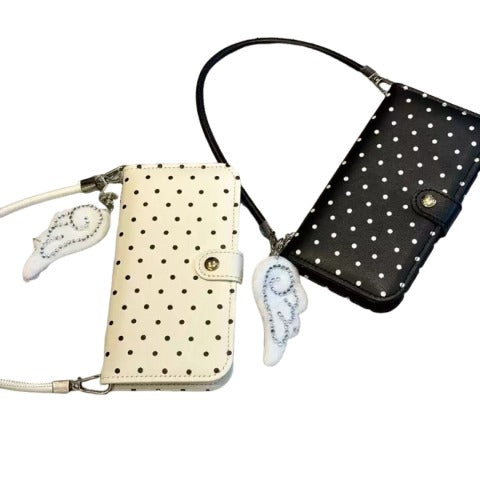 Cute iPhone Wallet Case with Strap, Dot Pattern, Mini Bag, Angel Wings, PU Leather, Compatible with iPhone 17 Pro Max/16/15/14