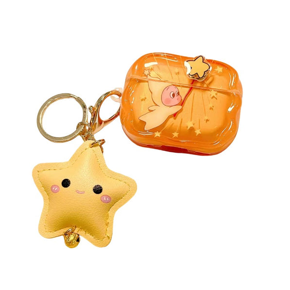 AirPods ケース 半透明オレンジ 星モチーフ キャラクター 回転スター付き