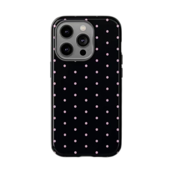 小粒ドット柄 iPhoneケース ドット（ブラック×ピンク） 白背景の装着イメージ