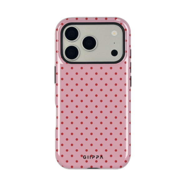 ドット＆サークル柄 iPhoneケース ドット（ピンク×レッド） 白背景の装着イメージ