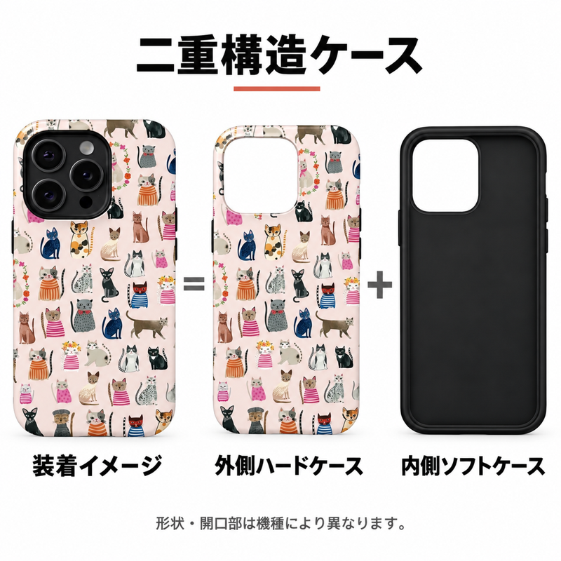 猫と犬のアート iPhoneケースの二重構造 外側ハードケースと内側ソフトケースの組み合わせイメージ