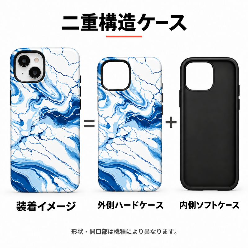 マーブル柄 iPhoneケースの二重構造 外側ハードケースと内側ソフトケースの組み合わせイメージ