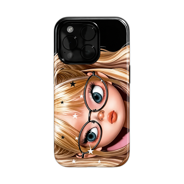 ガールイラスト iPhoneケース メガネガール（ブロンド） 白背景の装着イメージ