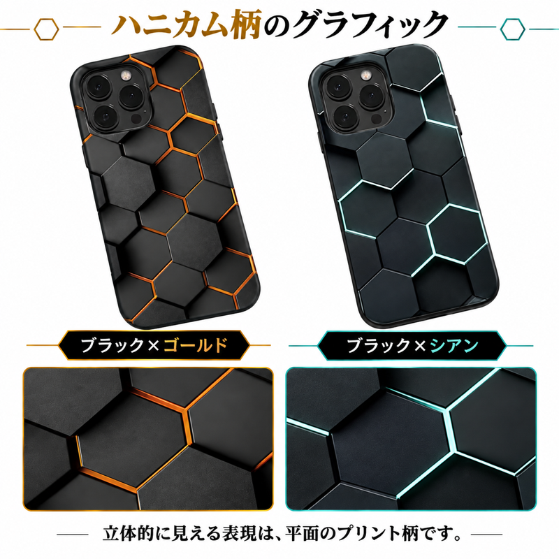 ハニカム柄 iPhoneケースの配色とプリント柄の拡大図
