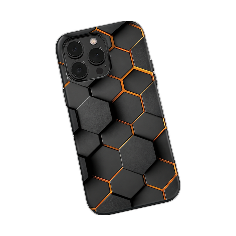 ハニカム柄 iPhoneケース ブラック×ゴールド 白背景の装着イメージ