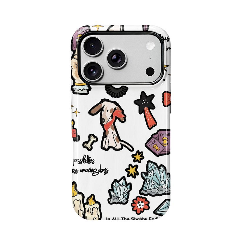 うさぎと犬のコラージュ柄 iPhoneケース ラインアート（ホワイト） 白背景の装着イメージ