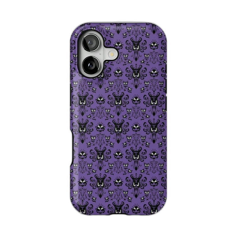 カラフルフェイスとモンスター柄 iPhoneケース モンスター（パープル） 白背景の装着イメージ
