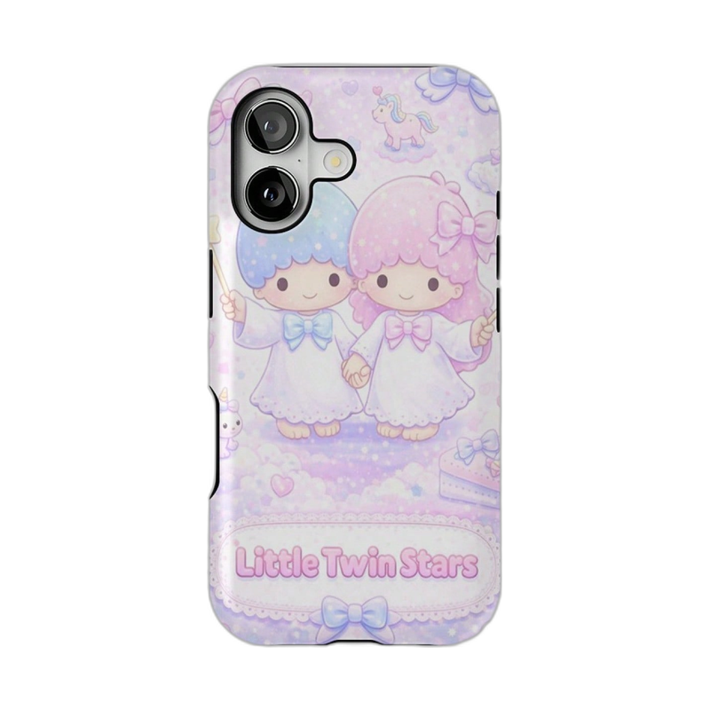童話風の城とパステルイラスト柄 iPhoneケース ツインイラスト（ラベンダー） 白背景の装着イメージ