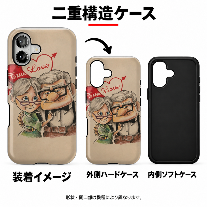寄り添うふたりとハート柄 iPhoneケース 外側ハードケースと内側ソフトケースの二重構造のイメージ