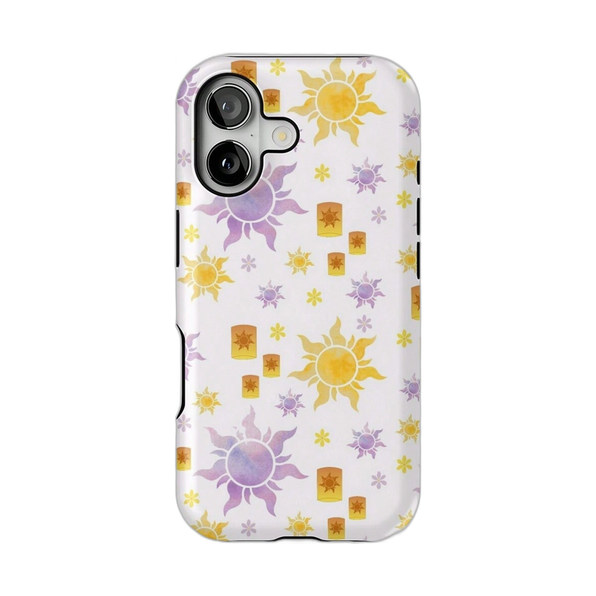 レトロな花と太陽柄 iPhoneケース サン（パープル＆イエロー） 白背景の装着イメージ
