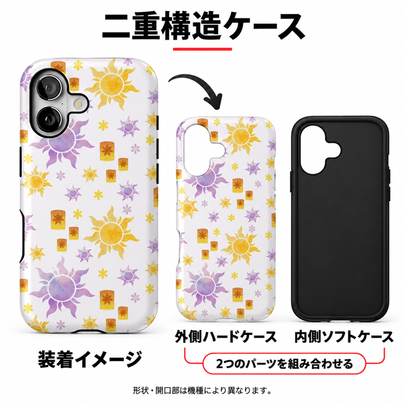レトロな花と太陽柄 iPhoneケースの二重構造 外側ハードケースと内側ソフトケースの組み合わせイメージ