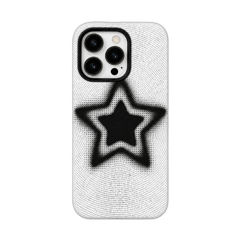 星柄プリント iPhoneケース ブラックスター（ホワイト） 白背景の装着イメージ
