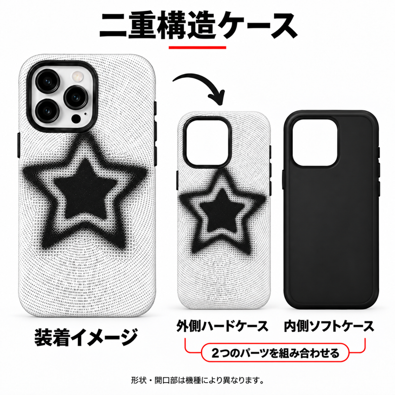 星柄プリント iPhoneケースの二重構造 外側ハードケースと内側ソフトケースの組み合わせイメージ