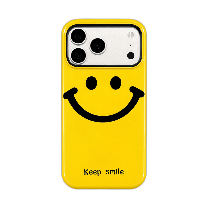 笑顔のフルーツとスマイル柄 iPhoneケース スマイル（イエロー） 白背景の装着イメージ