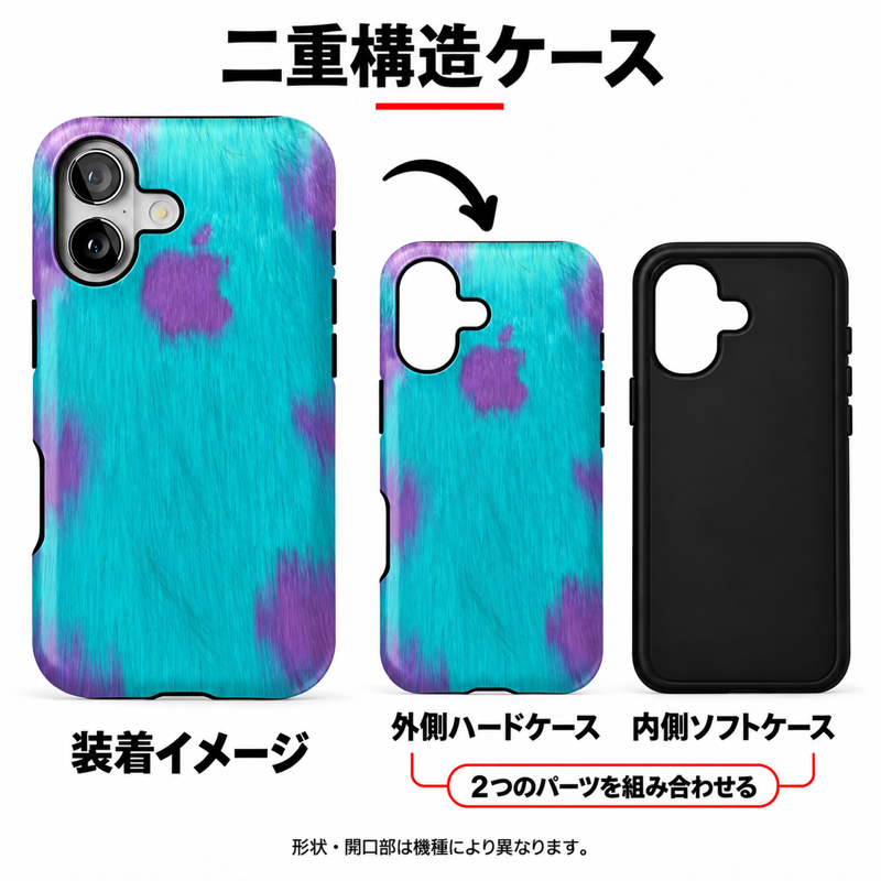 ブルーパープルの模様 iPhoneケースの二重構造 外側ハードケースと内側ソフトケースの組み合わせイメージ