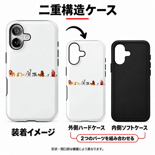 小さなアニマルの横並び柄 iPhoneケース 外側ハードケースと内側ソフトケースの二重構造のイメージ