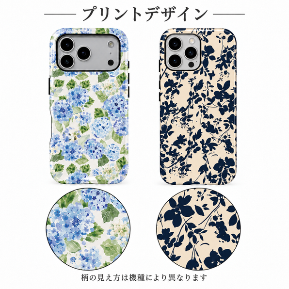 アジサイとブルーの花柄 iPhoneケースの配色とプリント柄の拡大図
