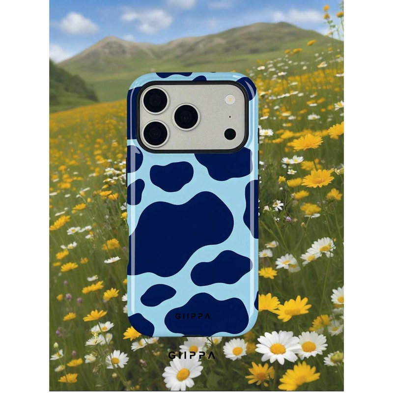 アニマル風の不規則な斑点柄 iPhoneケース スポット（ブルー） 装着イメージ