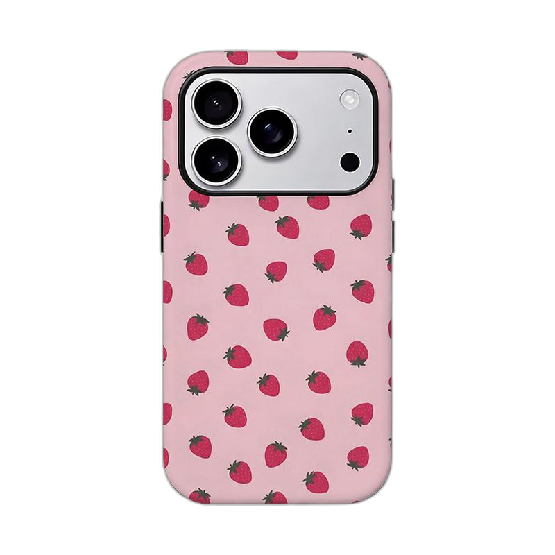 チェリーとストロベリー柄 iPhoneケース ストロベリー（ピンク） 白背景の装着イメージ