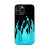 ブラックに映えるフレイム柄 iPhoneケース フレイム（ターコイズ） 白背景の装着イメージ