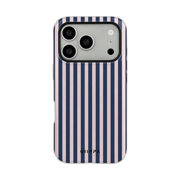 チェックとストライプ柄 iPhoneケース ストライプ（ネイビー・ピンク） 白背景の装着イメージ