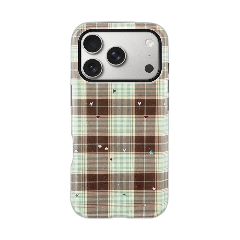 チェックとストライプ柄 iPhoneケース スターチェック（ブラウン・ミント） 白背景の装着イメージ