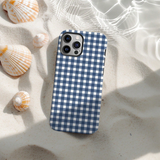 チェックとストライプ柄 iPhoneケース ギンガム（ブルー） 装着イメージ