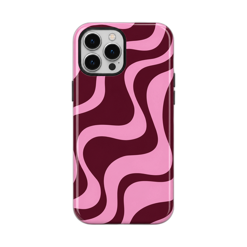 バイカラーのウェーブ柄 iPhoneケース ボルドー・ピンク 白背景の装着イメージ