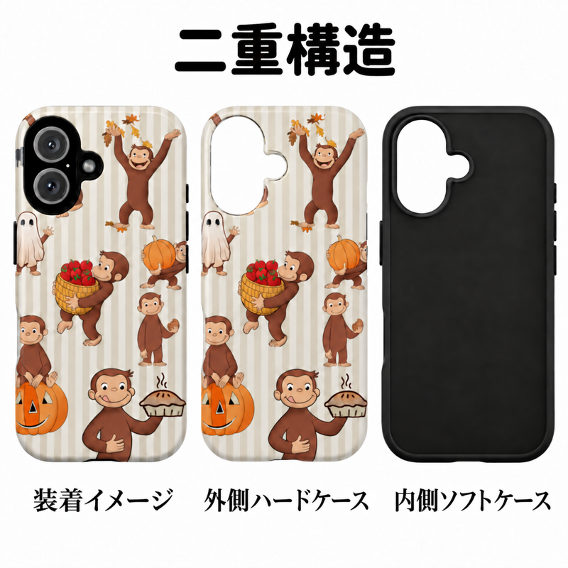 モンキーとストライプ柄 iPhoneケースの二重構造 外側ハードケースと内側ソフトケースの組み合わせイメージ
