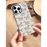 ホース柄の総柄プリント iPhoneケース ブルーホース・アイボリー 装着イメージ