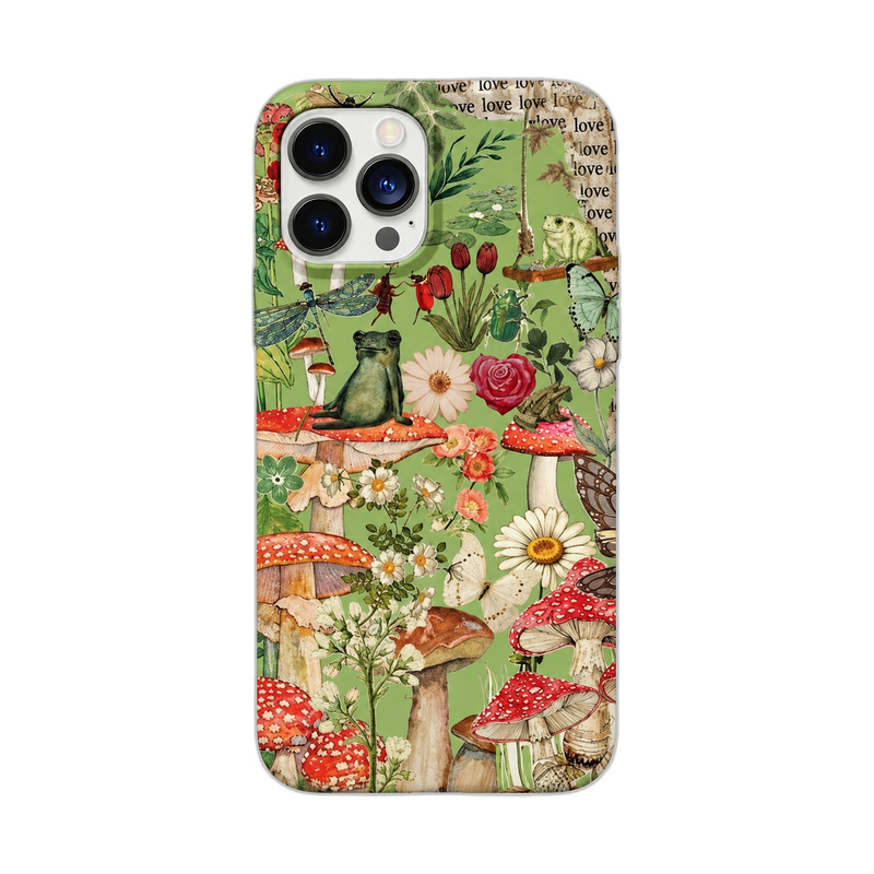 キノコとカエルのコラージュ iPhoneケース ボタニカル・グリーン 白背景の装着イメージ