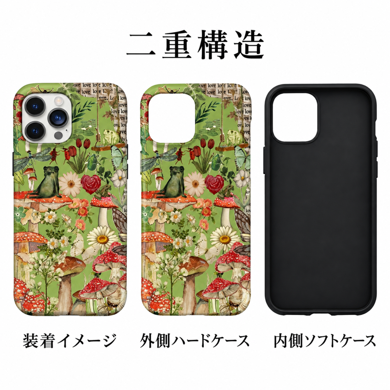 キノコとカエルのコラージュ iPhoneケースの二重構造 外側ハードケースと内側ソフトケースの組み合わせイメージ