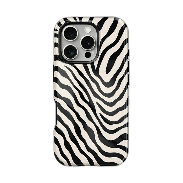 モノトーンのゼブラ柄 iPhoneケース ゼブラ・ワイドライン 白背景の装着イメージ