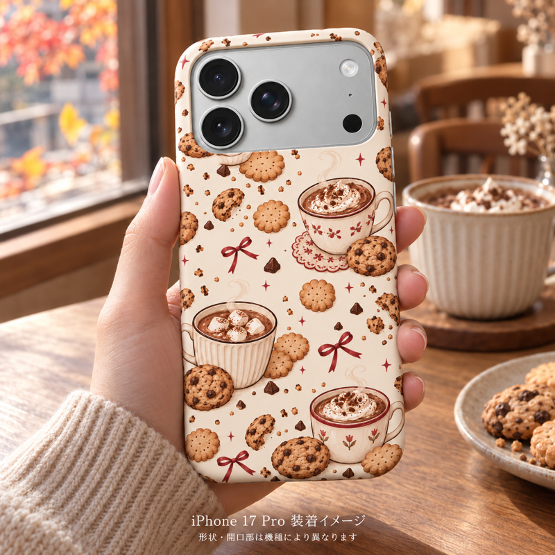 ココアとクッキー柄のケースを装着したiPhone 17 Proをカフェで手に持つ装着イメージ